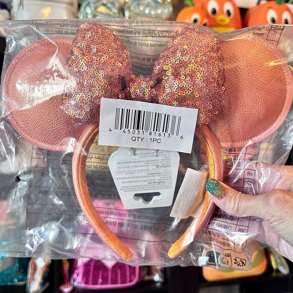 Disney Accessories - Minnie Mouse Ear Headband Sequined Bow Adults Peach Punch DISNEY PARKS NWT OS